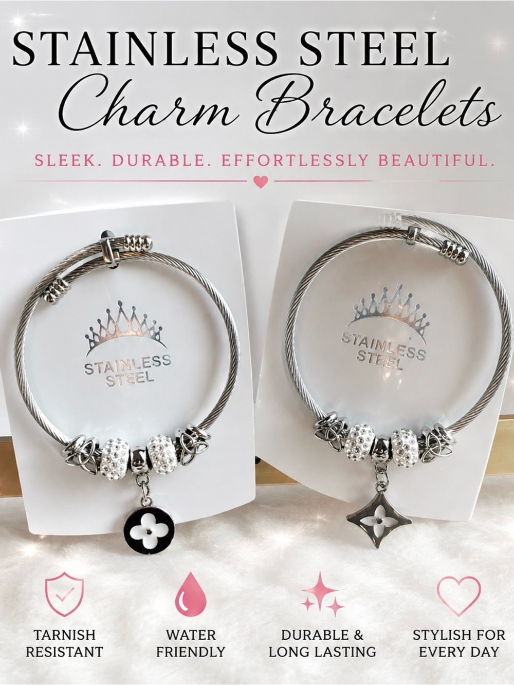 Stainless Steel Charm Bracelet with Black & White Clover Charm- Choose 1